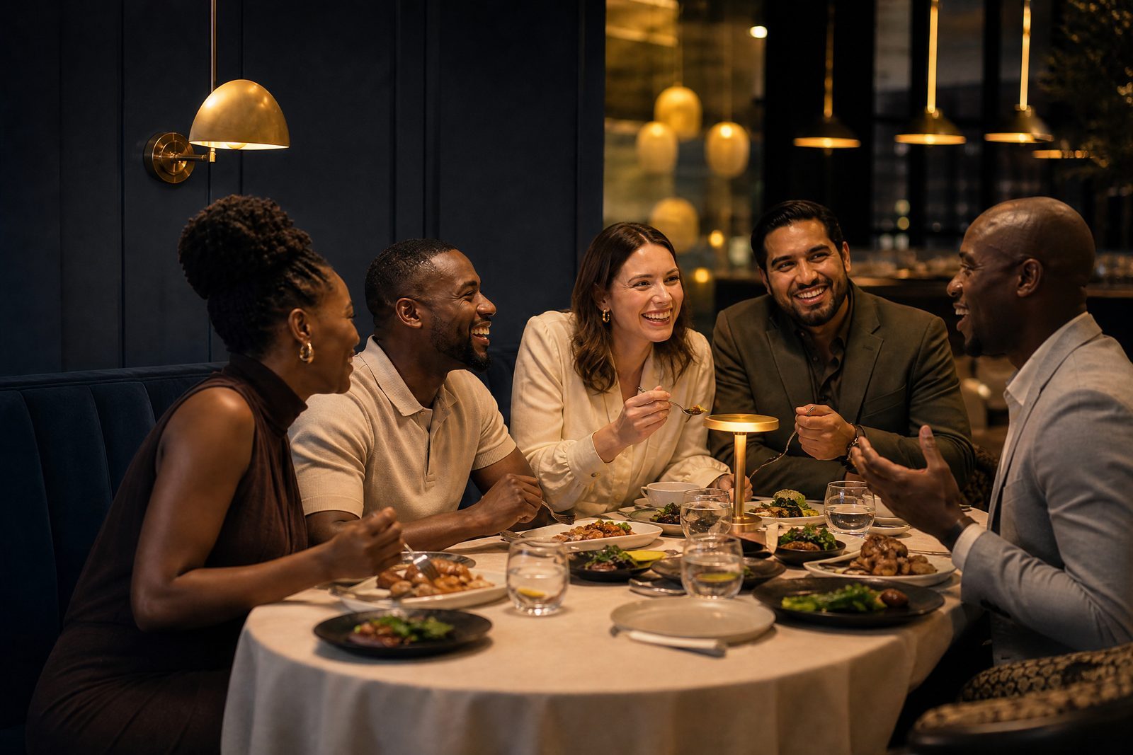 A diverse group of professionals enjoying dinner